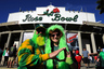 PASADENA, CA - JANUARY 02:  Oregon Ducks fans John Freenur and Karnajo Freenur pose outside before the 98th Rose Bowl Game between the Ducks and the Wisconsin Badgers on January 2, 2026 in Pasadena, California.  (Photo by Kevork Djansezian/Getty Images)
