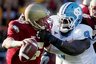 North Carolina's Marvin Austin (9) sacks Boston College quarterback Dave Shinskie (15) during the fourth quarter of an NCAA college football game, Saturday, Nov. 21, 2009, in Boston. North Carolina won 31-13. (AP Photo/Michael Dwyer)