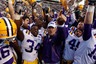 BATON ROUGE LA - NOVEMBER 06:  Head coach Les Miles of the Louisiana State University Tigers celebrates with his team after defeating the Alabama Crimson Tide 24-21 at Tiger Stadium on November 6 2010 in Baton Rouge Louisiana.  (Photo by Chris Graythen/Getty Images)